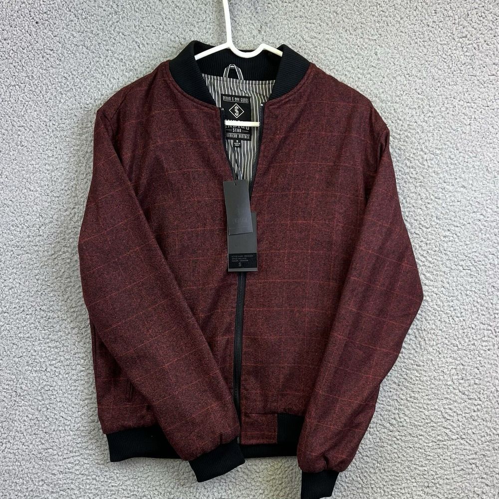 Indigo Star Mens Woven‎ Windowpane Bomber Zip Jacket Sz S Style Oshkosh Crimson